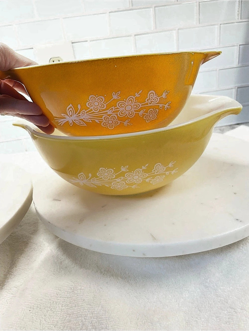 Pyrex Vintage Butterfly Gold Set of 2 mixing bowls 441 and 443.